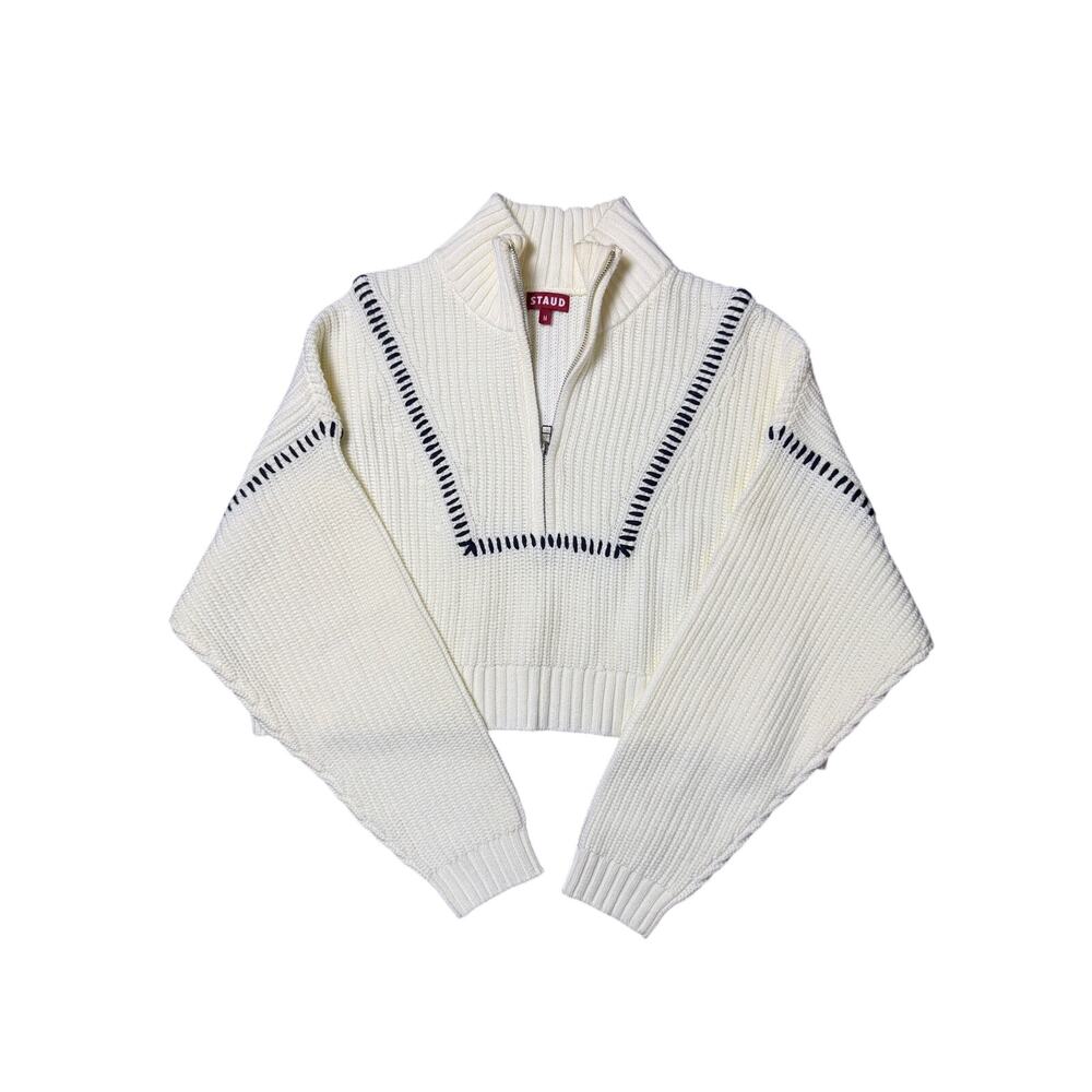 Staud Hampton Cropped Sweater Cream and Navy Blue Stitch